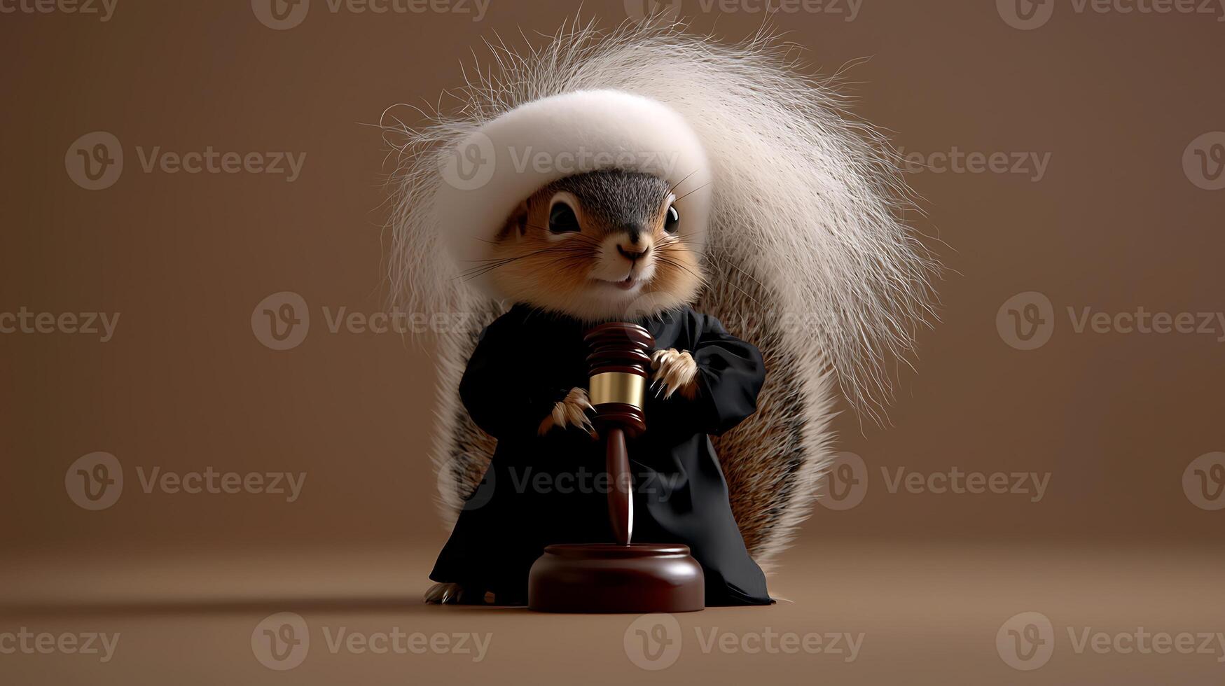 A whimsical squirrel dressed as a judge, holding a gavel, set against a neutral background photo