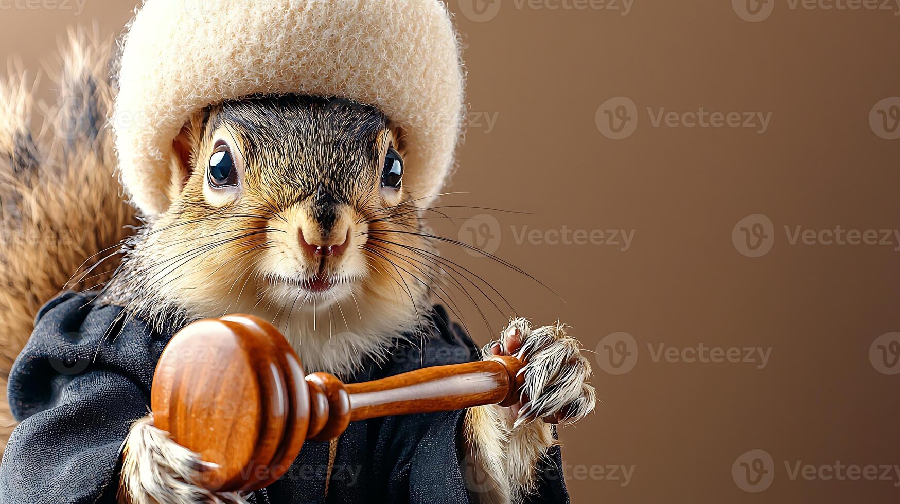 A whimsical squirrel wearing a judge's robe and wig, holding a gavel in a playful courtroom setting photo