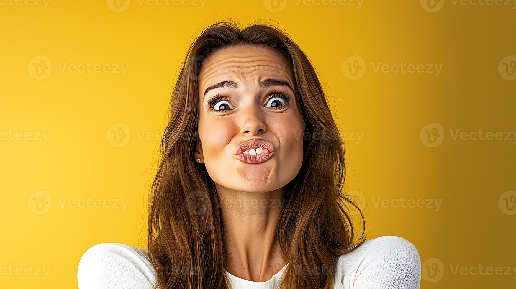 A woman making a funny face against a bright yellow background, showcasing playful emotions photo