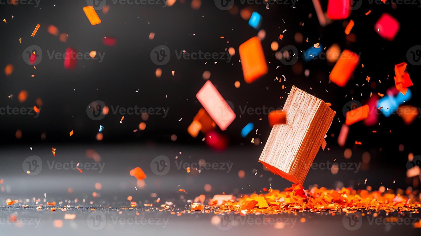 A wooden block suspended in mid-air surrounded by colorful confetti, creating a festive atmosphere photo