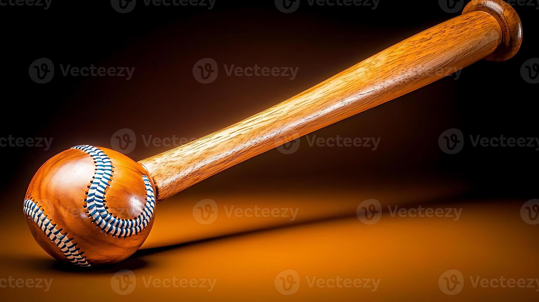 A wooden baseball bat and ball positioned dramatically against a warm gradient background photo