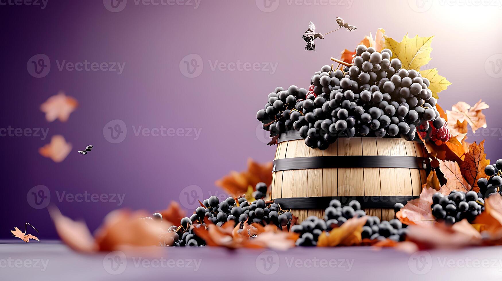 A wooden barrel overflowing with ripe grapes surrounded by autumn leaves and flying insects photo