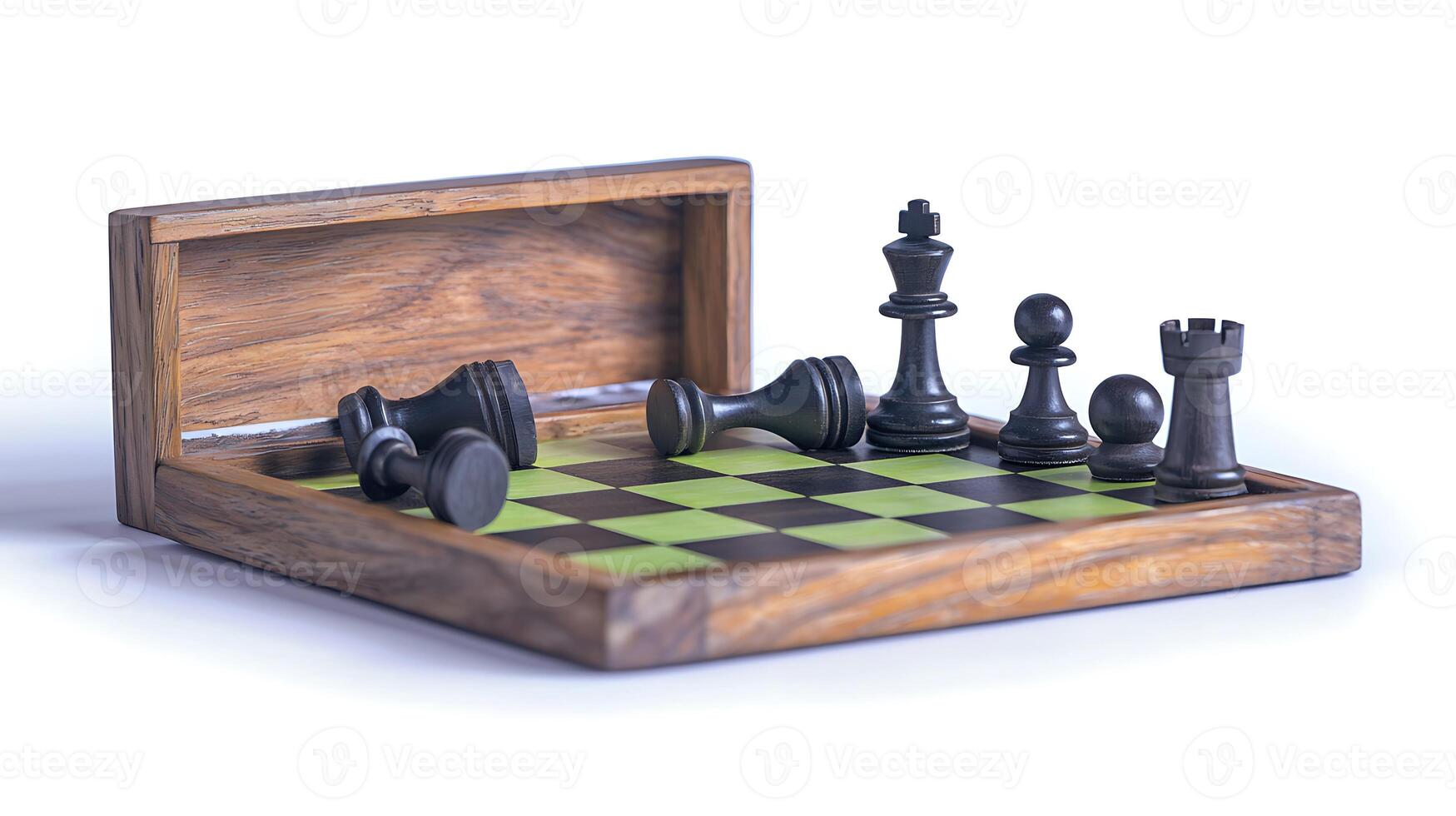 A wooden chessboard displaying black pieces in mid-game, set against a plain background photo