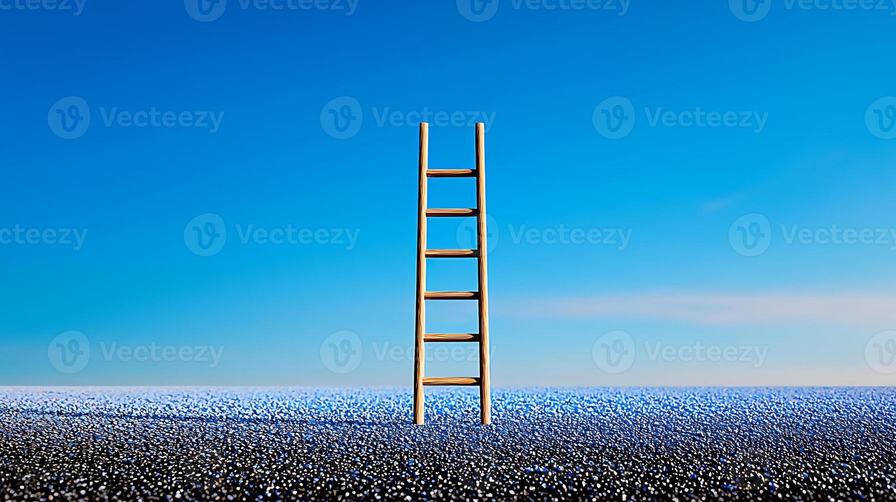 A wooden ladder standing alone on a vast blue landscape under a clear sky, symbolizing aspiration photo
