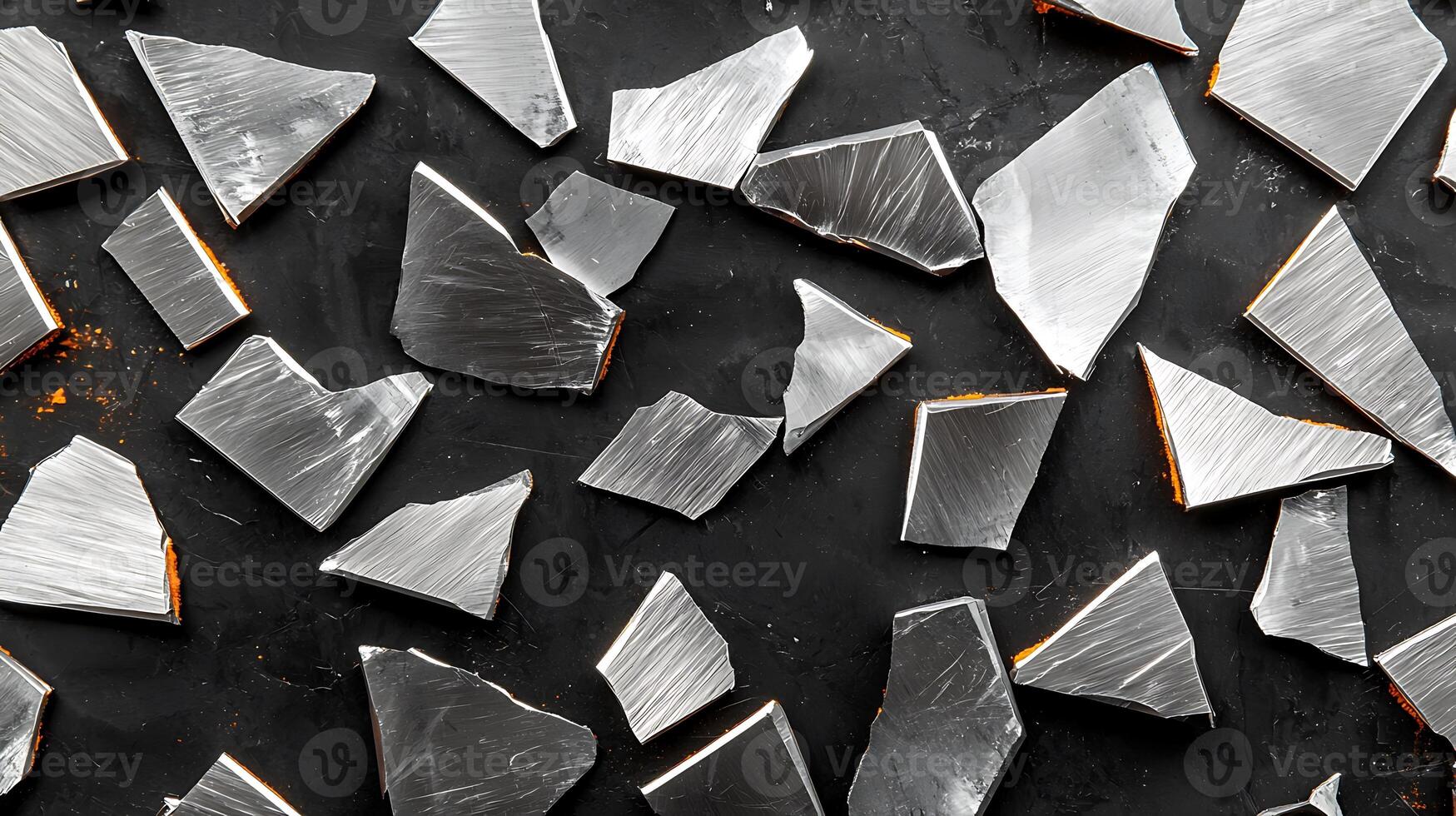 Abstract arrangement of broken metallic shards on a dark surface, showcasing texture and light reflections photo
