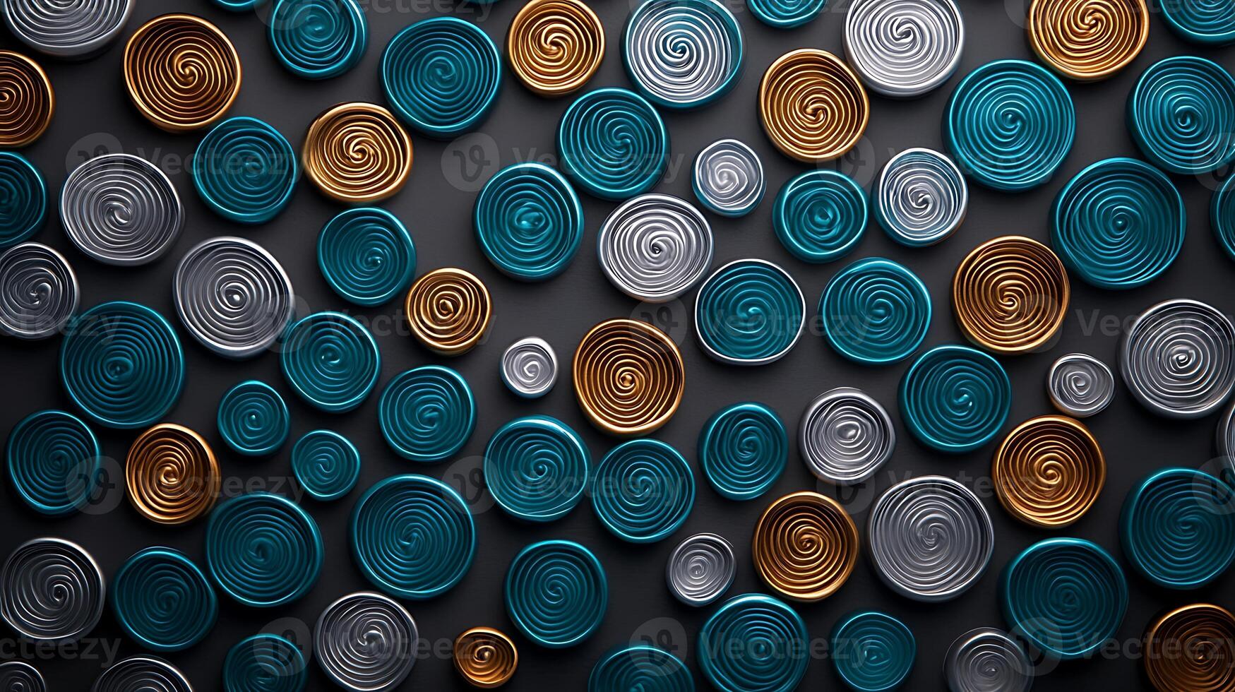 Abstract arrangement of circular decorative elements in teal, silver, and gold on a dark background photo