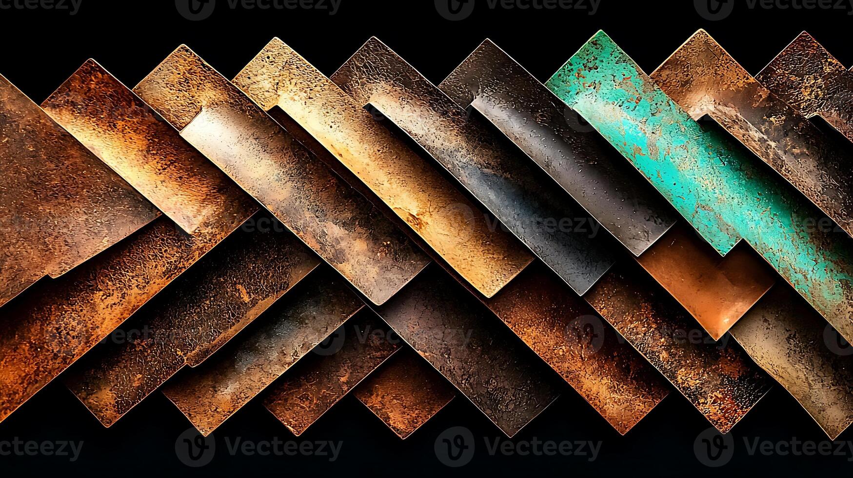 Abstract arrangement of rusted metal plates showcasing textures and colors against a dark backdrop photo