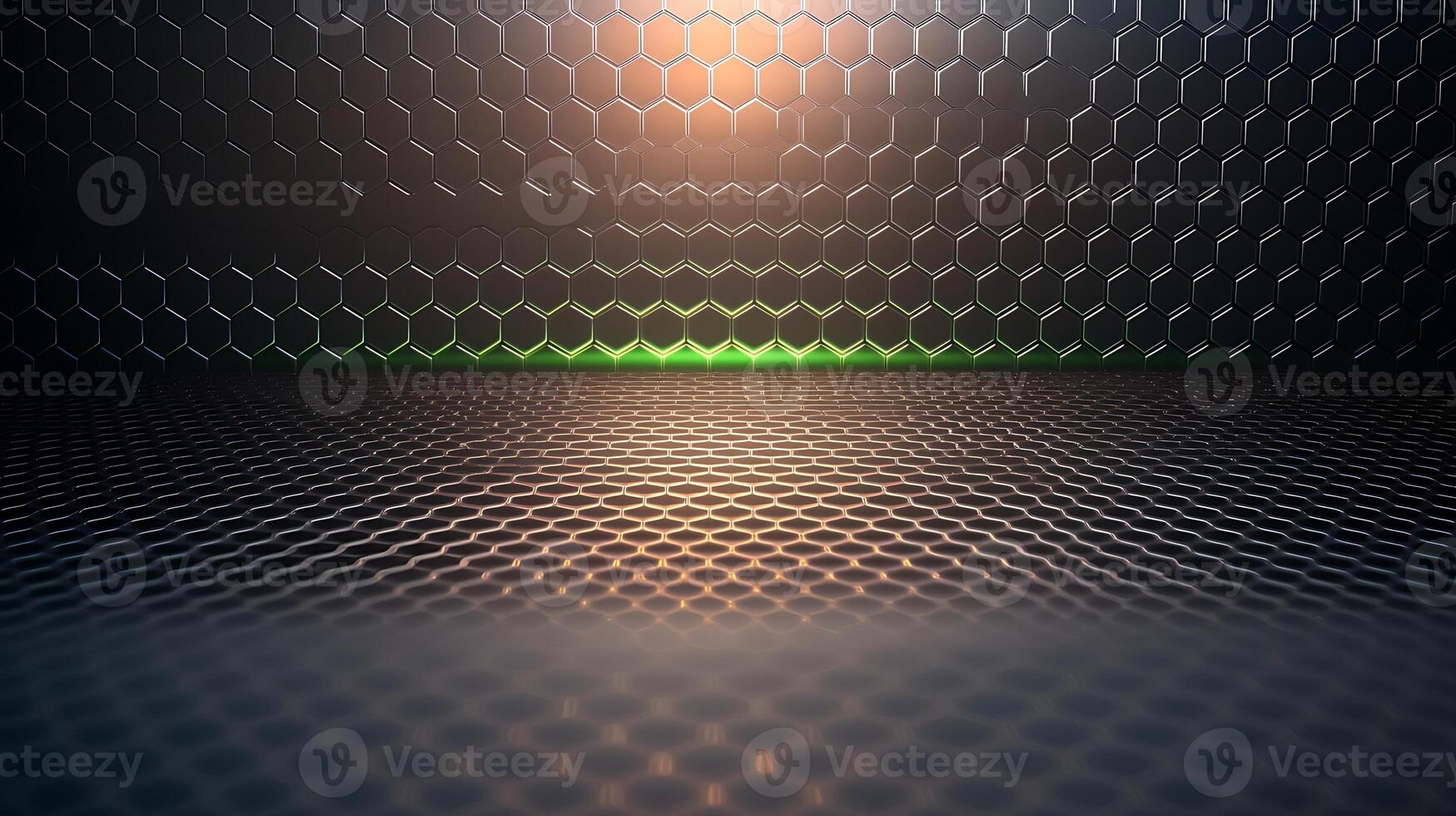 Abstract background featuring a hexagonal pattern with a green glow and reflective surface photo