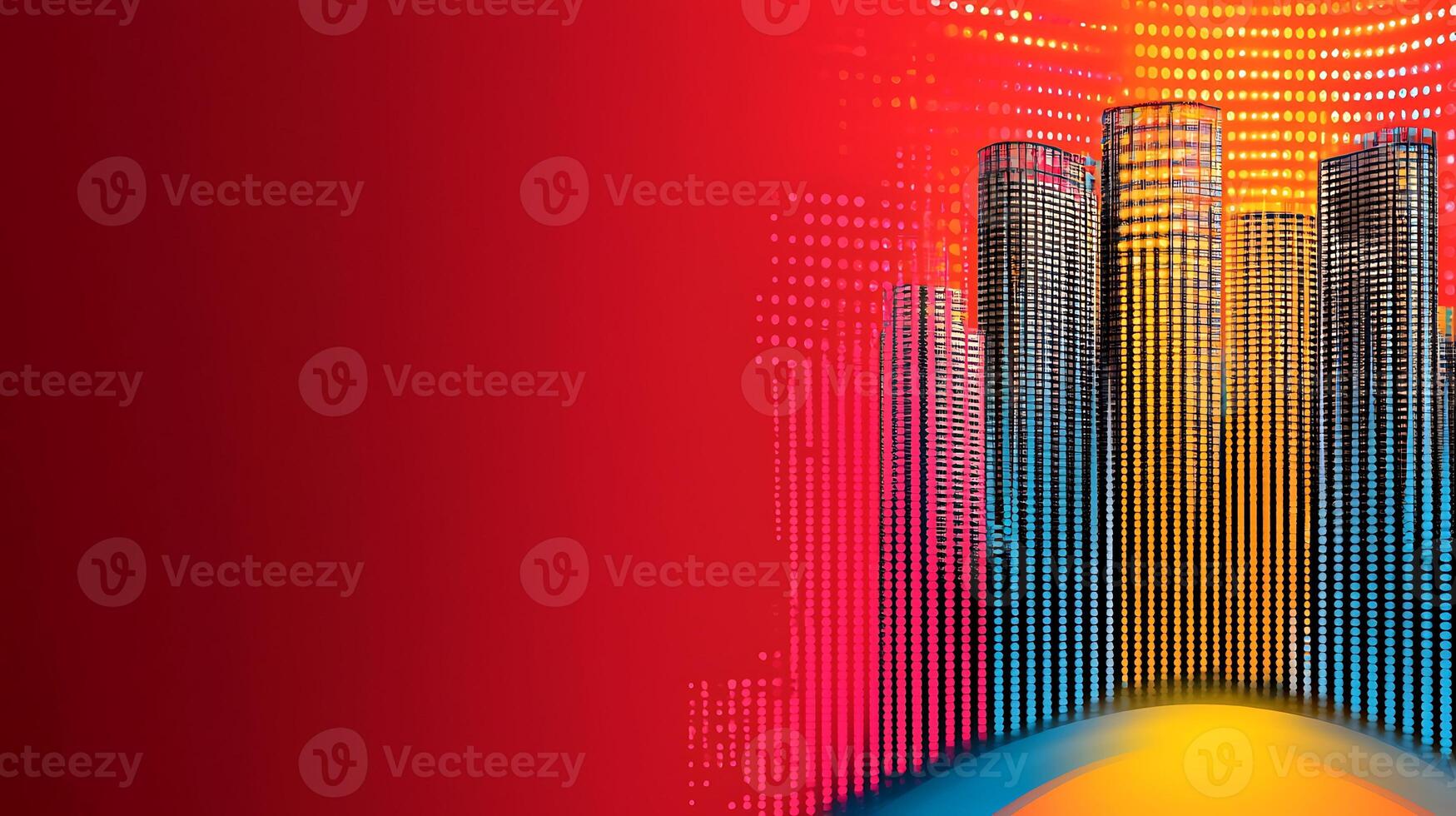 Abstract city skyline with vibrant colors and digital patterns creating a modern atmosphere photo