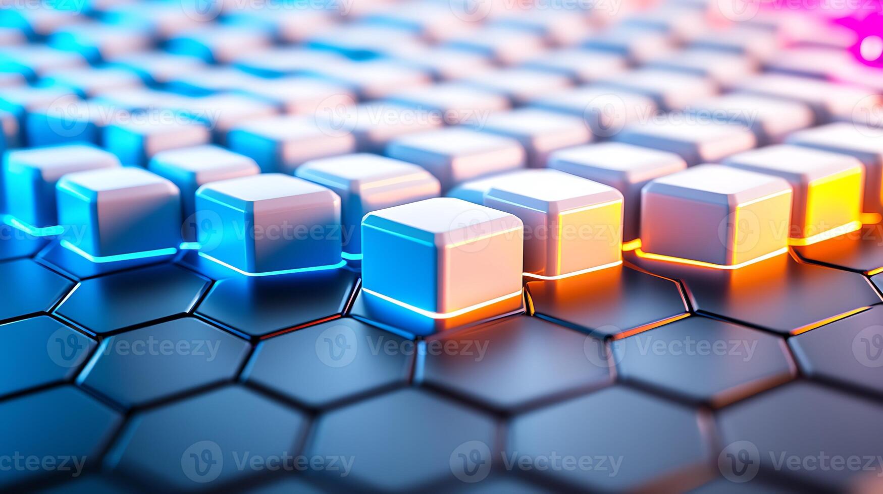 Abstract close-up of illuminated hexagonal grid with glowing keys, showcasing futuristic technology photo