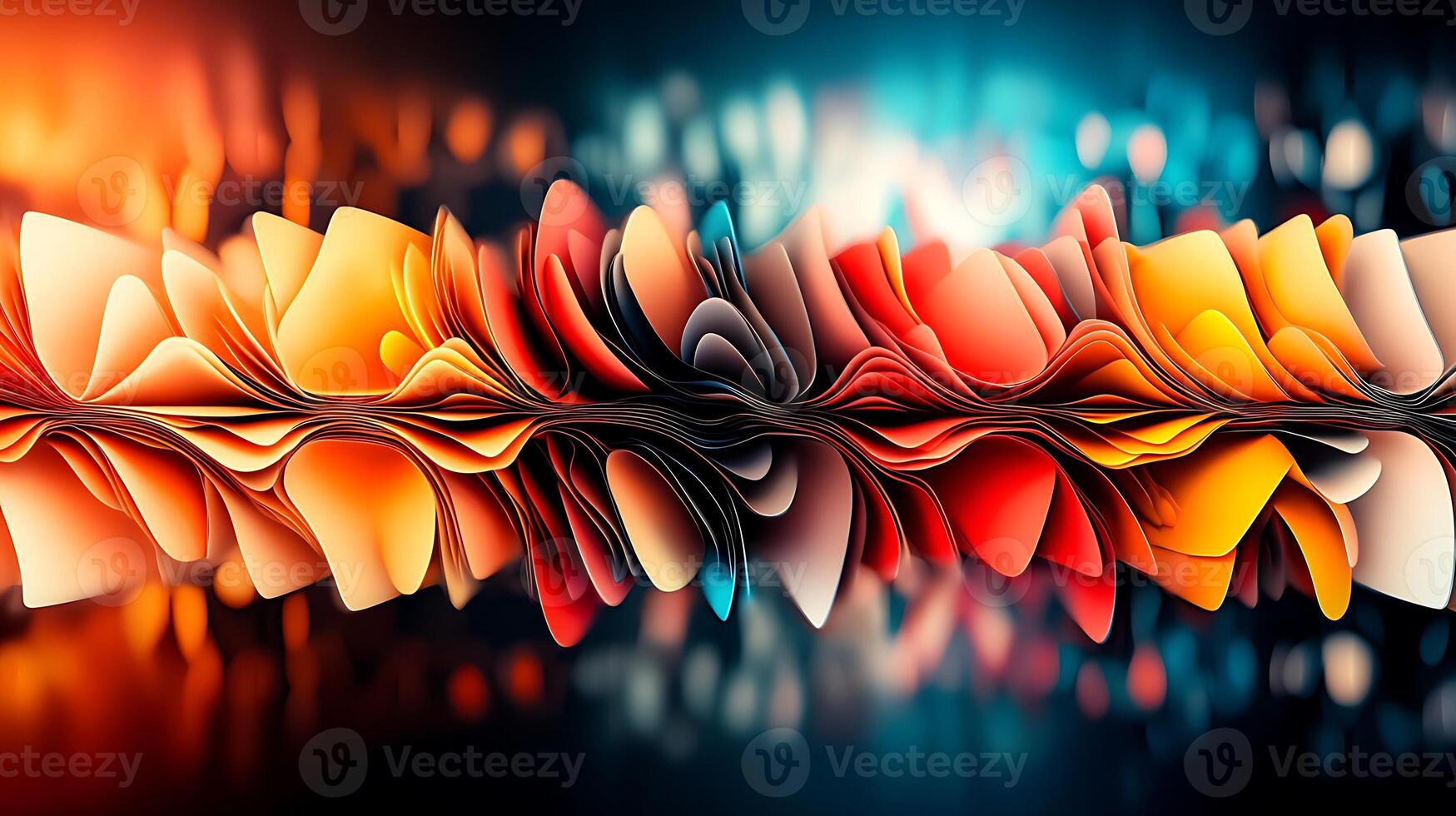 Abstract colorful wave pattern with layered paper shapes against a blurred vibrant background photo