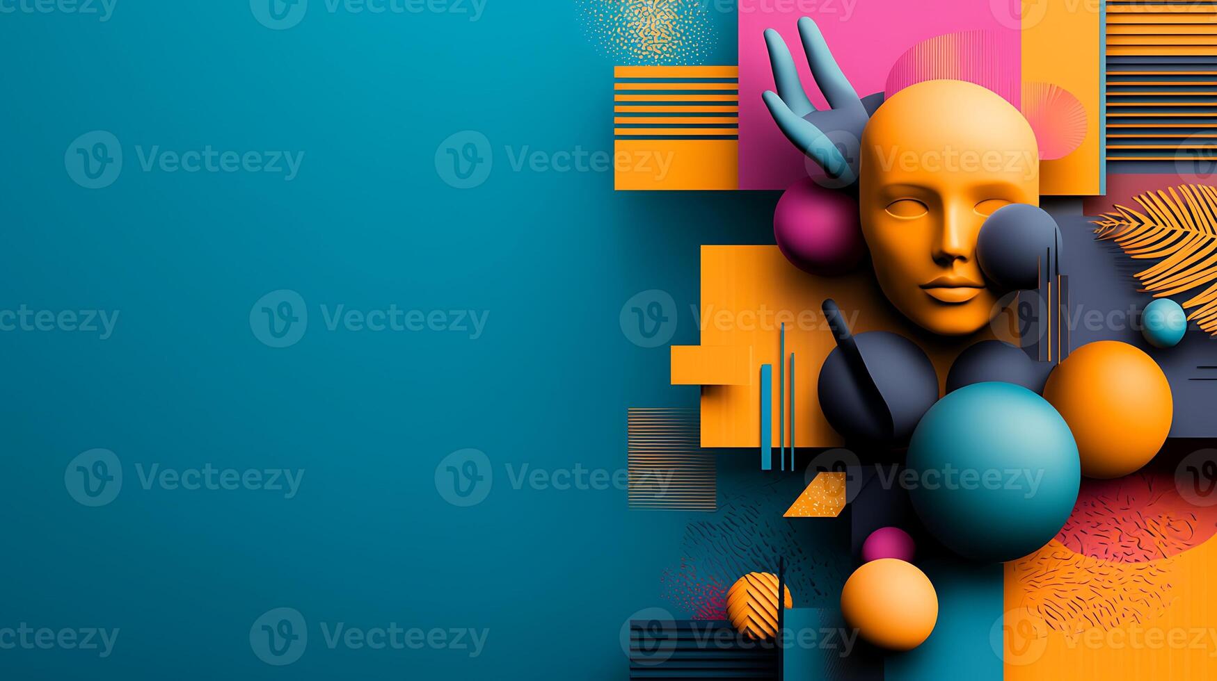 Abstract composition featuring a stylized human face and colorful geometric shapes on a blue background photo