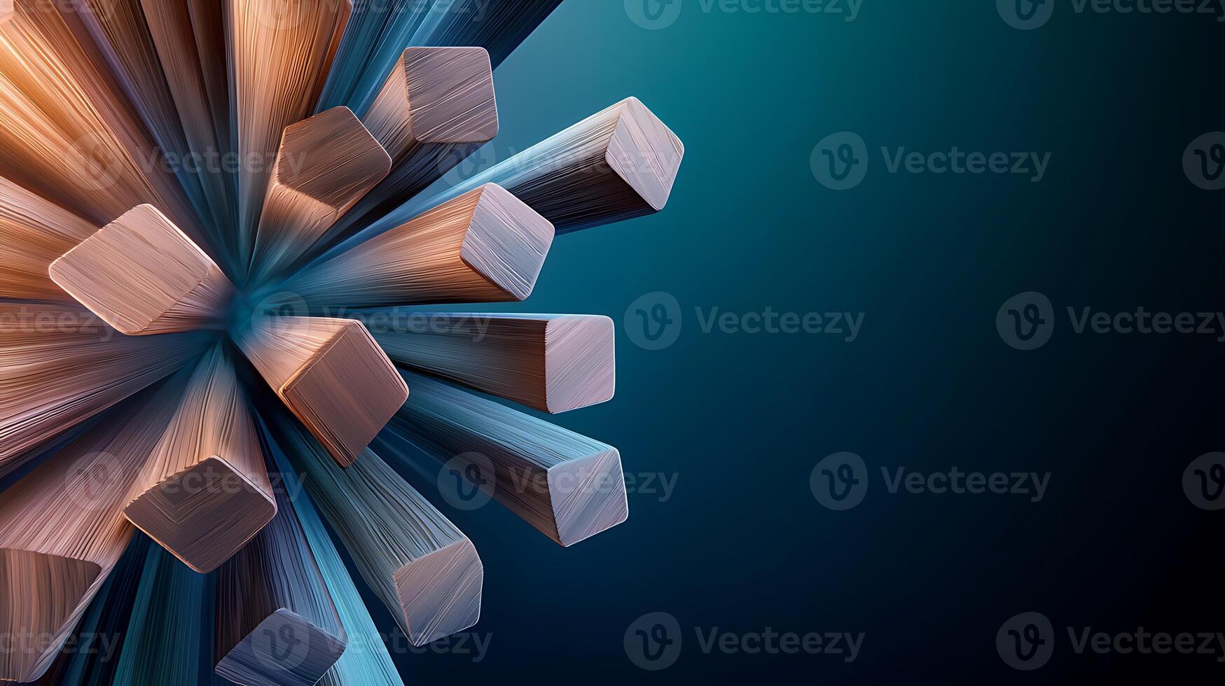Abstract composition of colorful 3D geometric shapes radiating from a central point against a gradient background photo