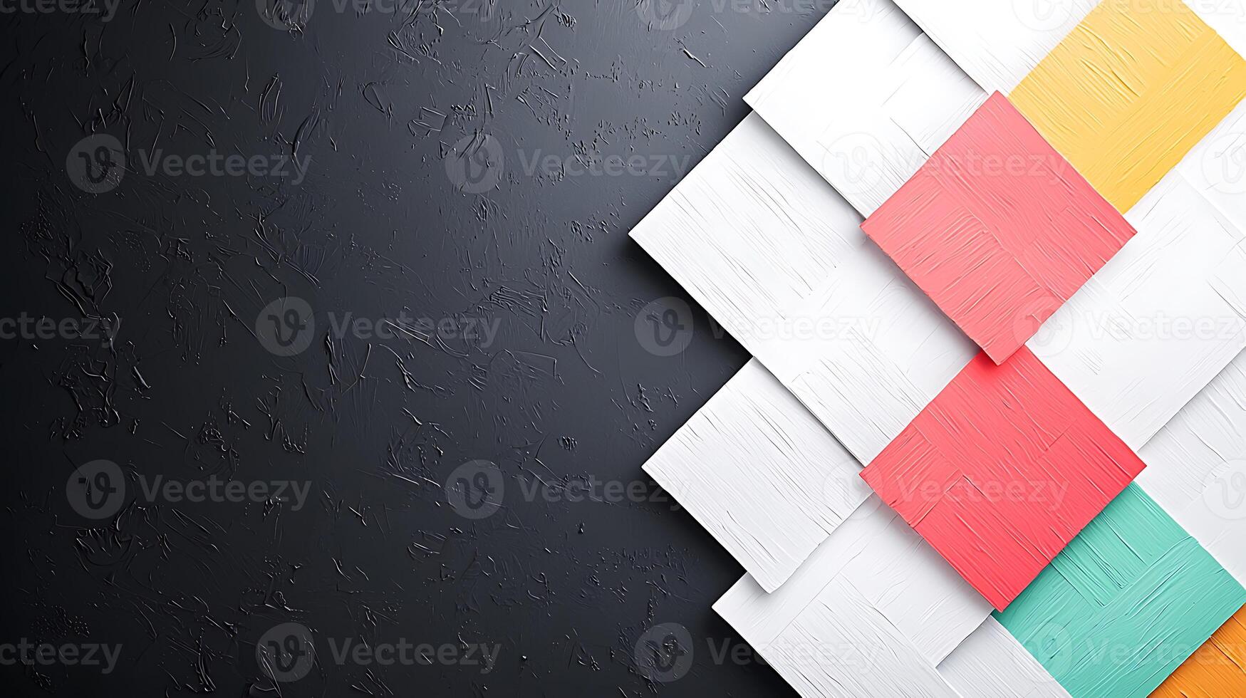 Abstract composition of colorful geometric shapes against a textured dark background photo
