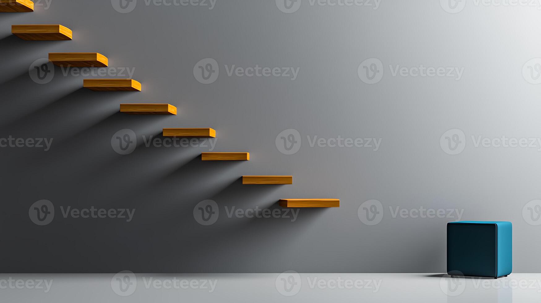 Abstract composition of floating wooden stairs casting shadows beside a blue cube on a minimalist wall photo