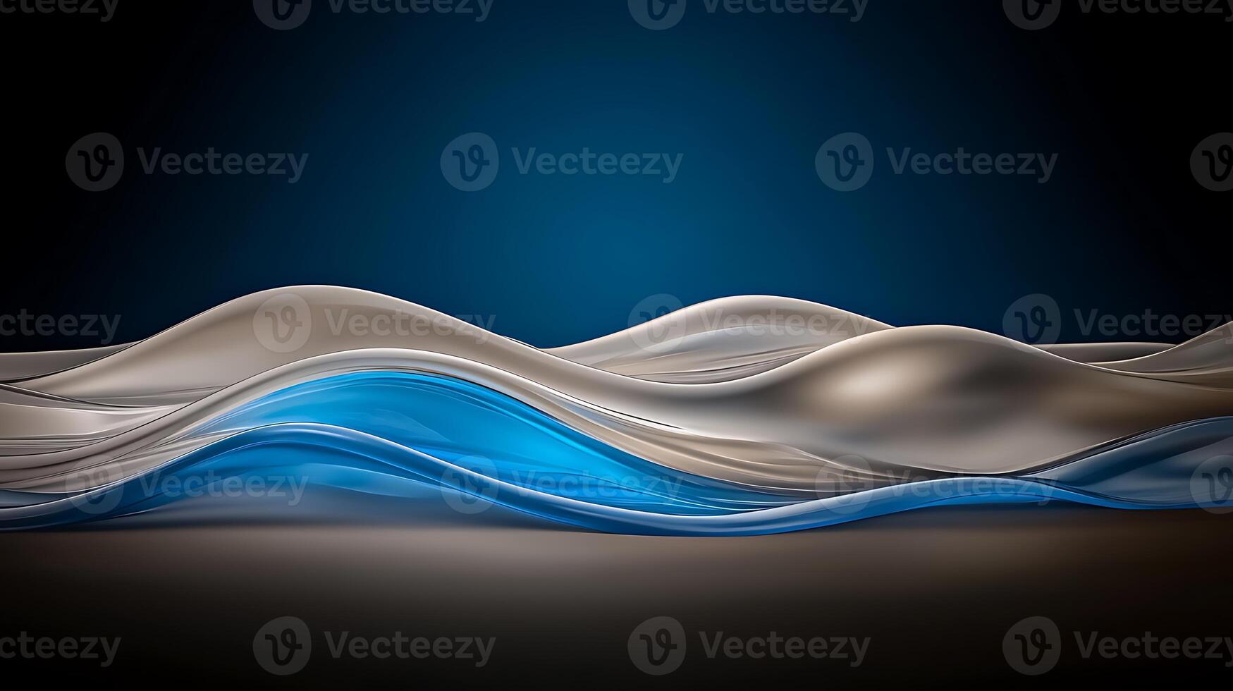 Abstract composition of flowing waves in shades of blue and beige against a dark background photo