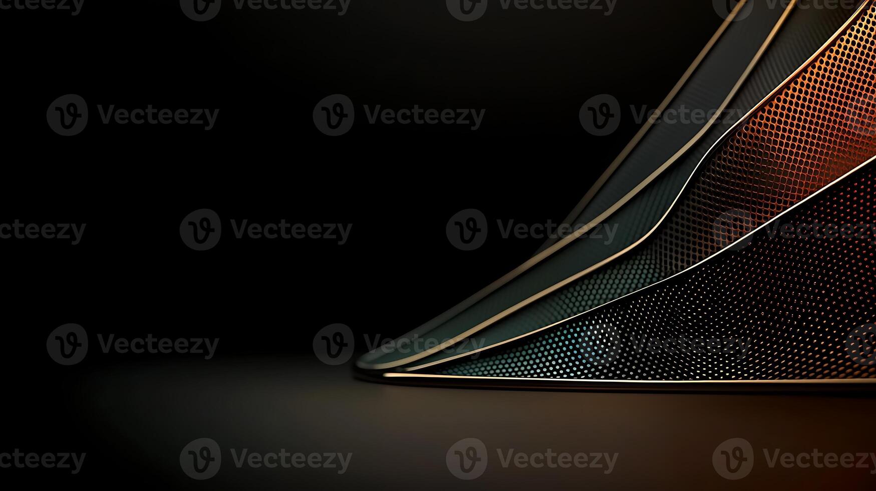 Abstract composition of layered metallic textures with vibrant colors against a dark background photo