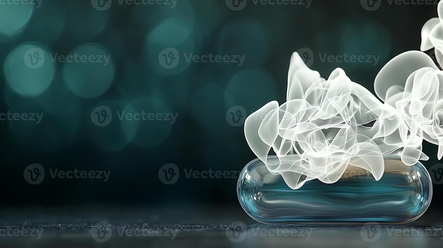 Abstract composition of swirling smoke in a glass capsule against a soft-focus background photo