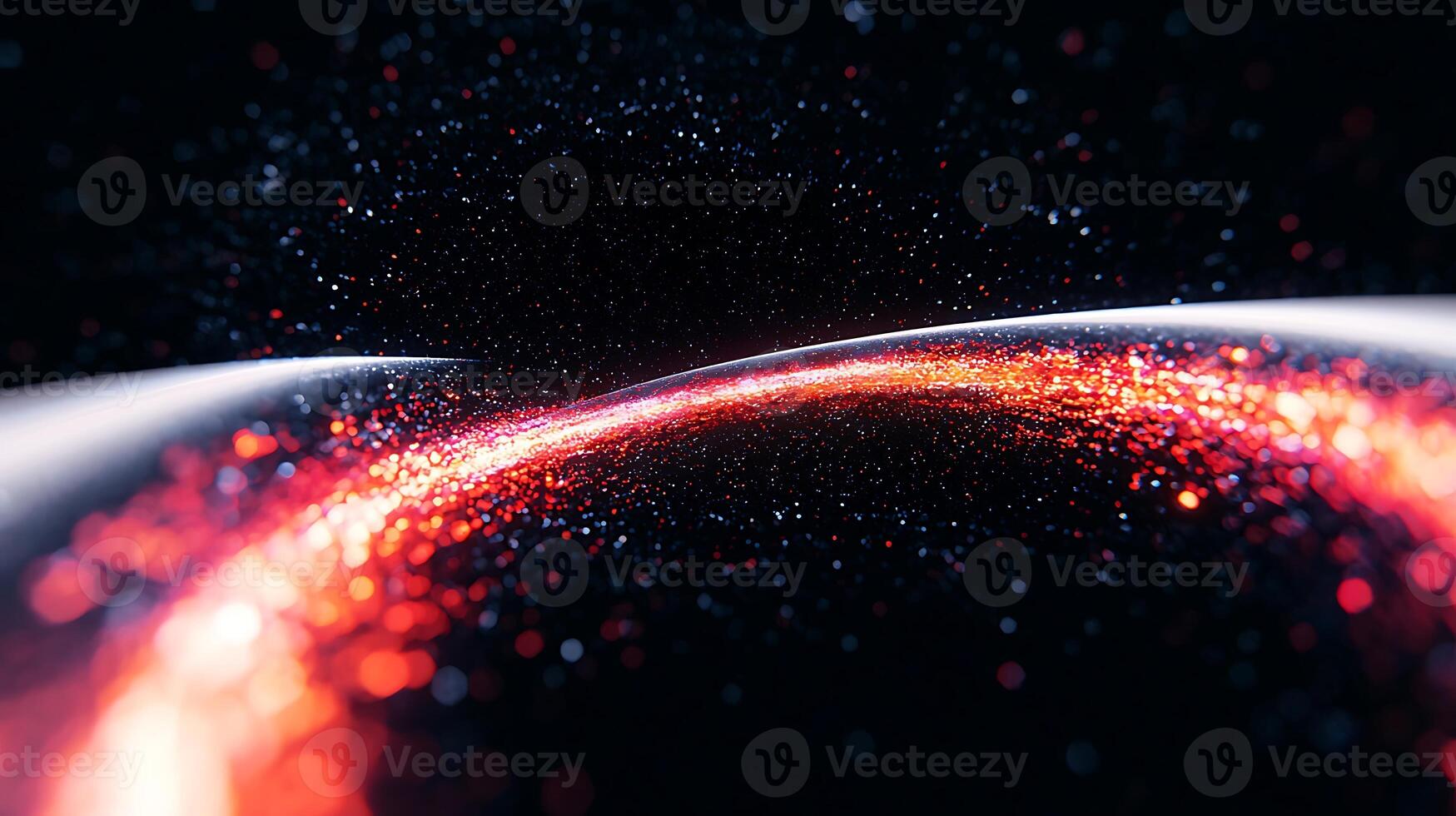Abstract cosmic landscape featuring glowing particles swirling in a dark void photo