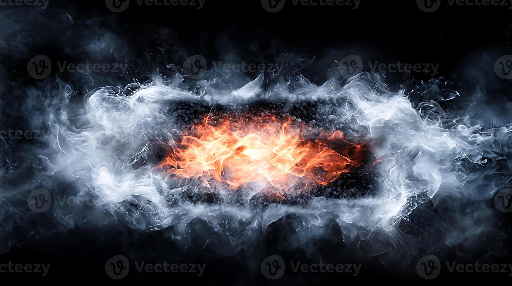 Abstract depiction of fire surrounded by swirling smoke on a dark background, ideal for visual effects photo