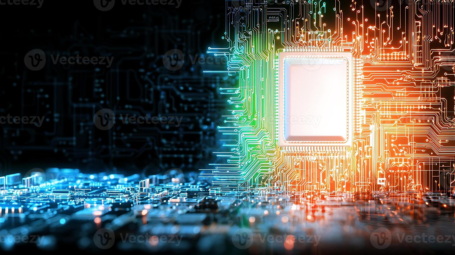 Abstract depiction of a glowing microchip on a circuit board with vibrant colors and technology themes photo