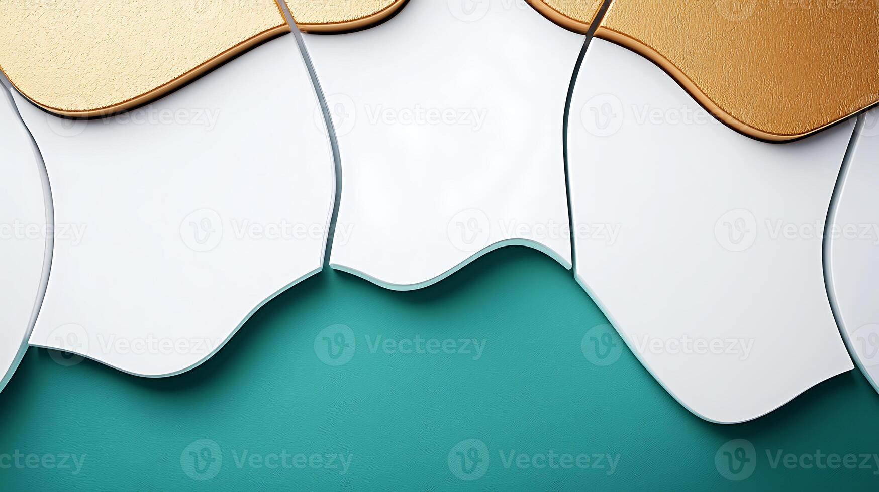 Abstract design featuring curved white and gold shapes on a teal background, creating a modern aesthetic photo