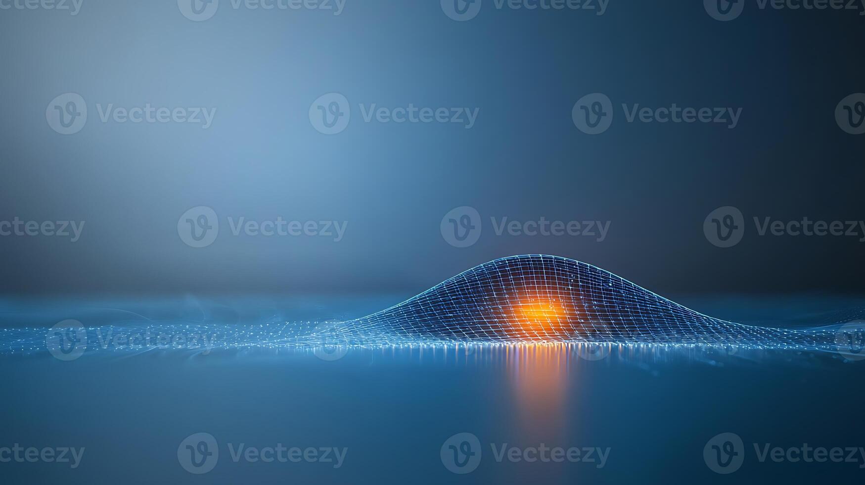 Abstract digital landscape with glowing orange element under a blue mesh surface photo