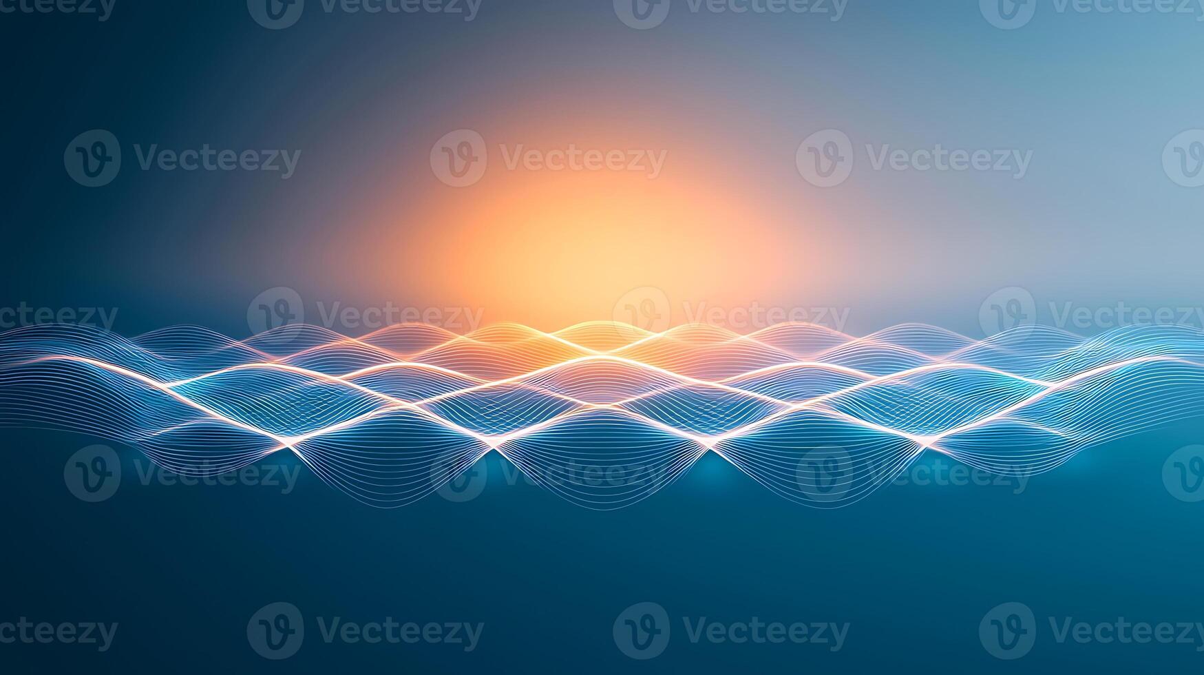 Abstract digital waves representing sound frequency over a serene sunset background photo