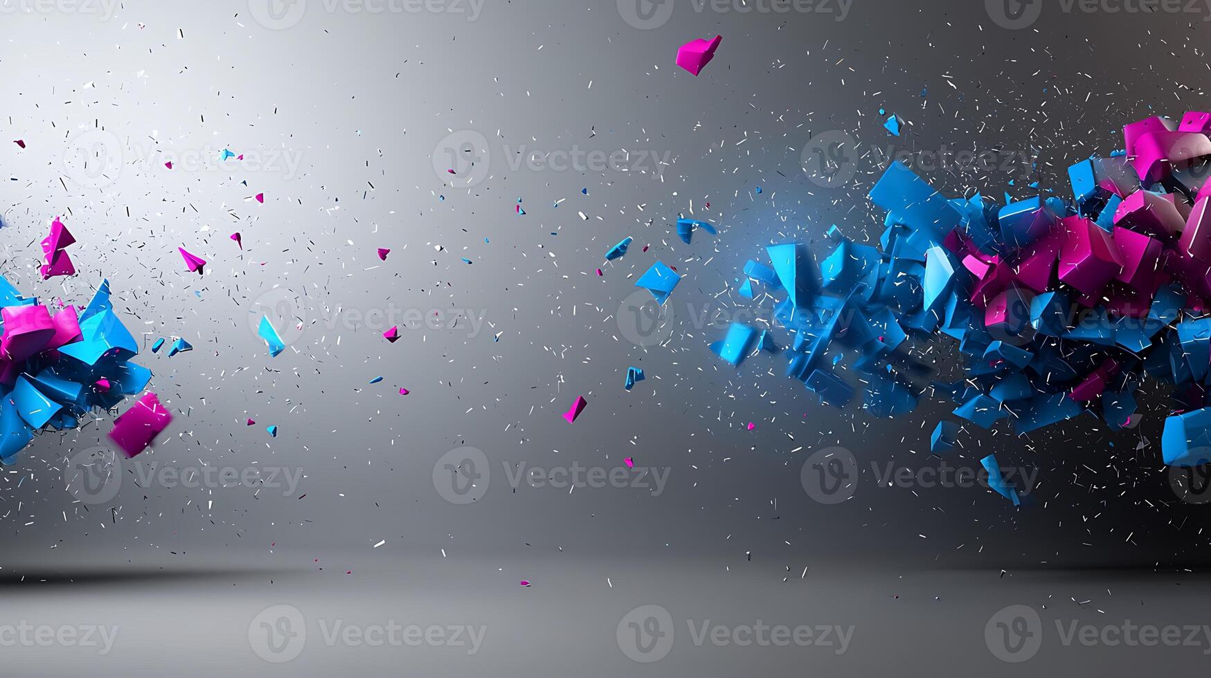 Abstract explosion of blue and pink geometric shapes against a gray background, creating dynamic energy photo