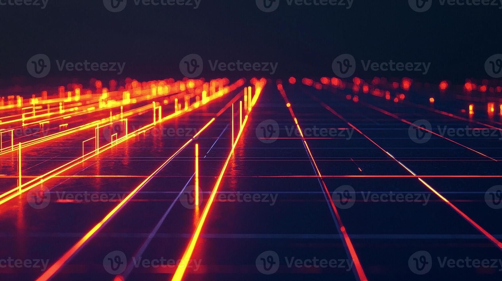 Abstract digital landscape with glowing lines creating a futuristic grid in a dark environment photo