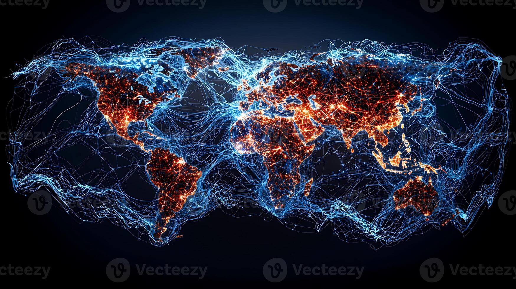 Abstract digital world map illuminated by vibrant lights, showcasing global connectivity and technology photo