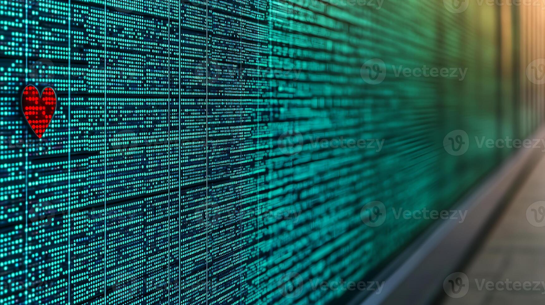Abstract digital wall with green data streams and a red heart symbolizing love in technology photo