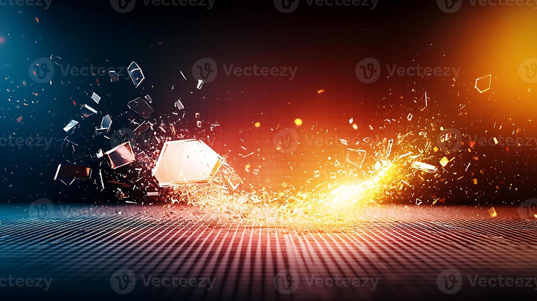 Abstract explosion of light and shards in a vibrant digital space with dynamic colors photo