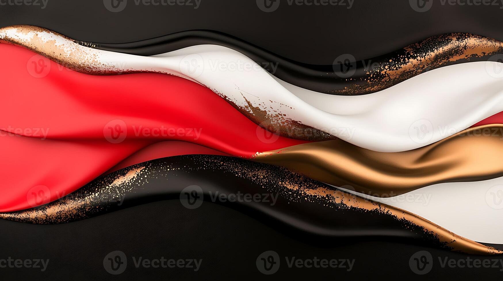 Abstract flowing fabric in red, black, white, and gold on a dark background creating a dynamic visual photo