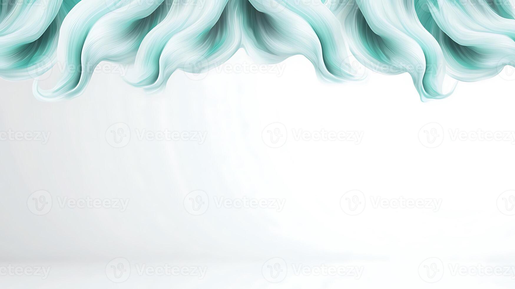 Abstract flowing turquoise fabric draping elegantly against a soft white background photo