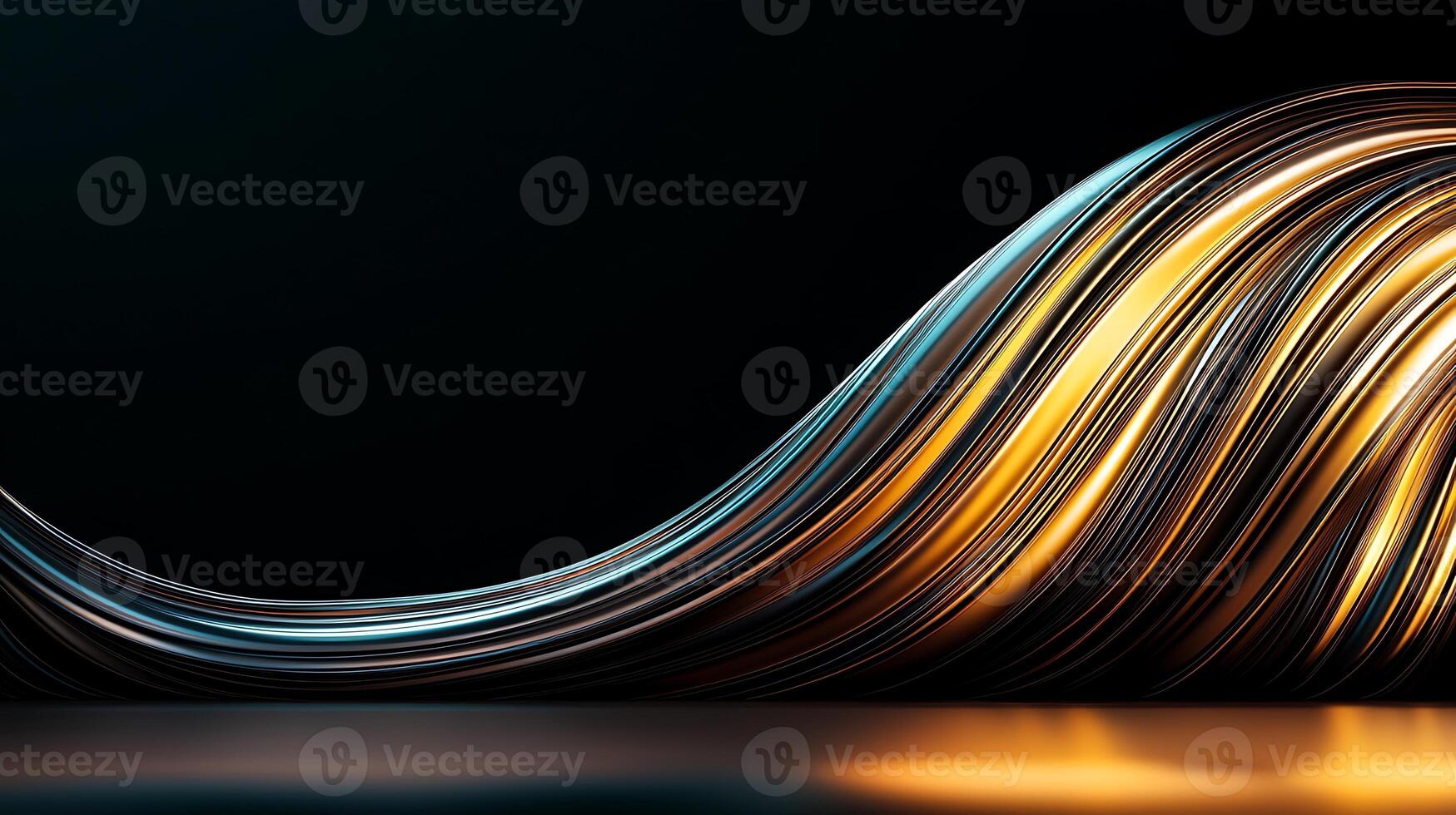 Abstract flowing lines of gold and blue shimmer against a dark background, creating dynamic movement photo