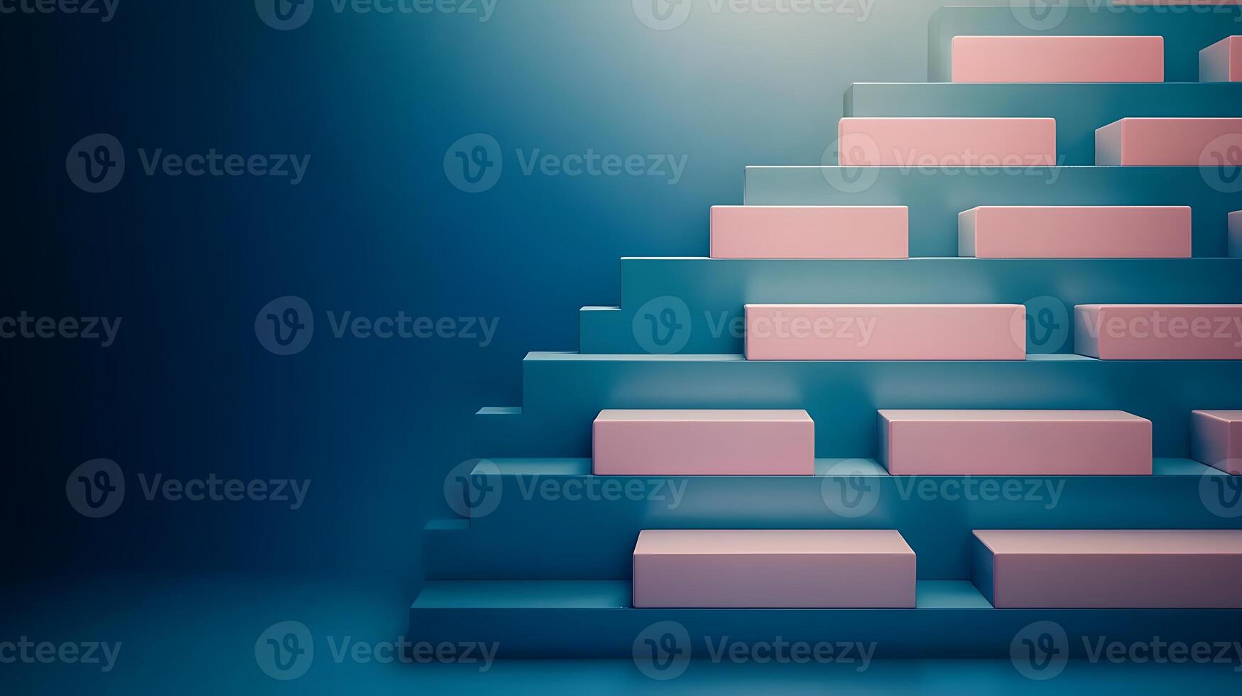 Abstract geometric composition of pink and blue blocks forming a staircase against a gradient backdrop photo