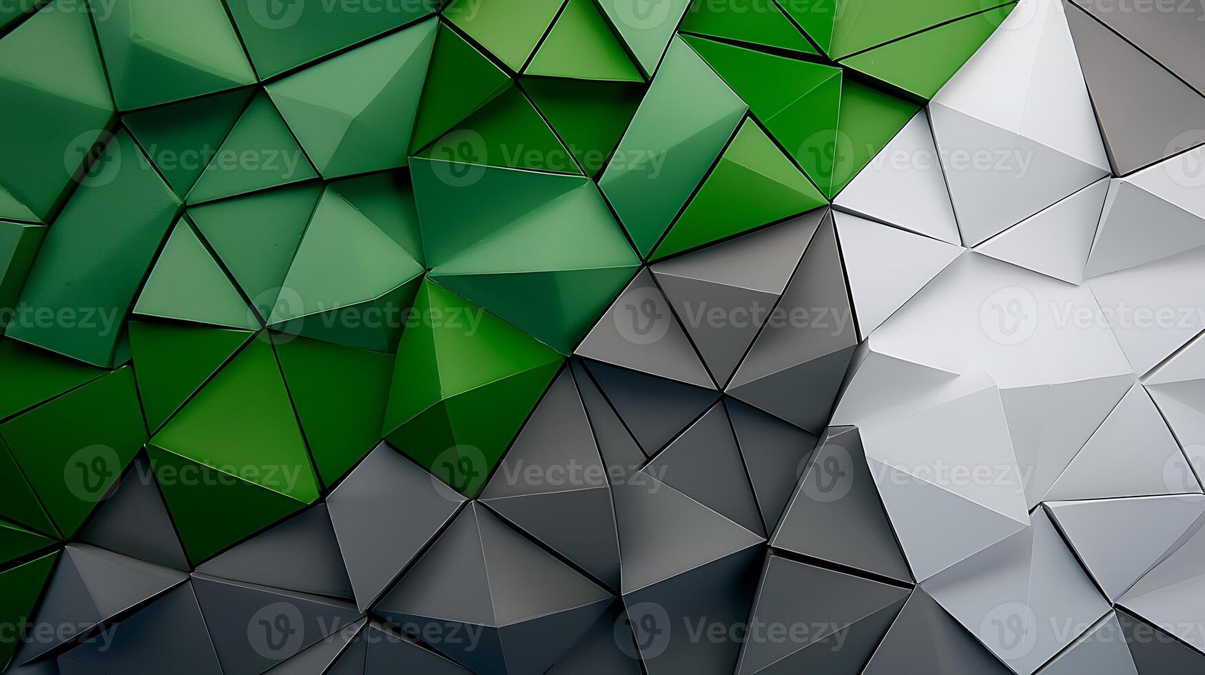 Abstract geometric pattern of triangular shapes in green, gray, and white tones, creating depth photo
