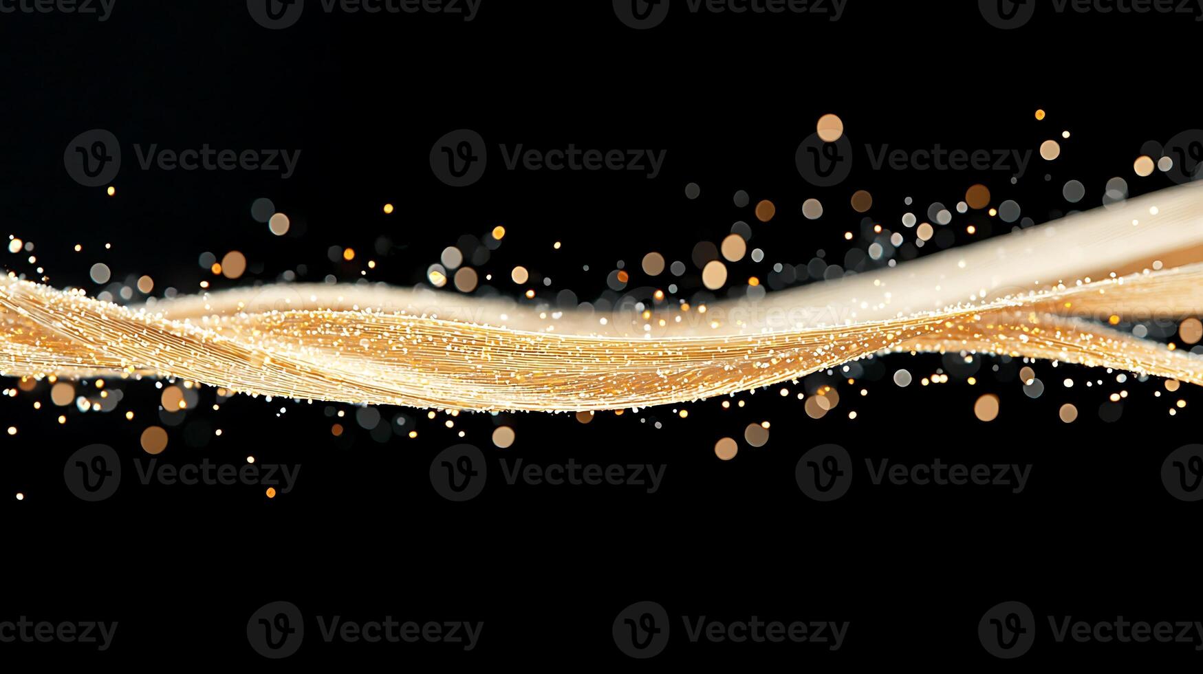 Abstract golden wave with sparkling bokeh effect on a black background, ideal for creative design photo