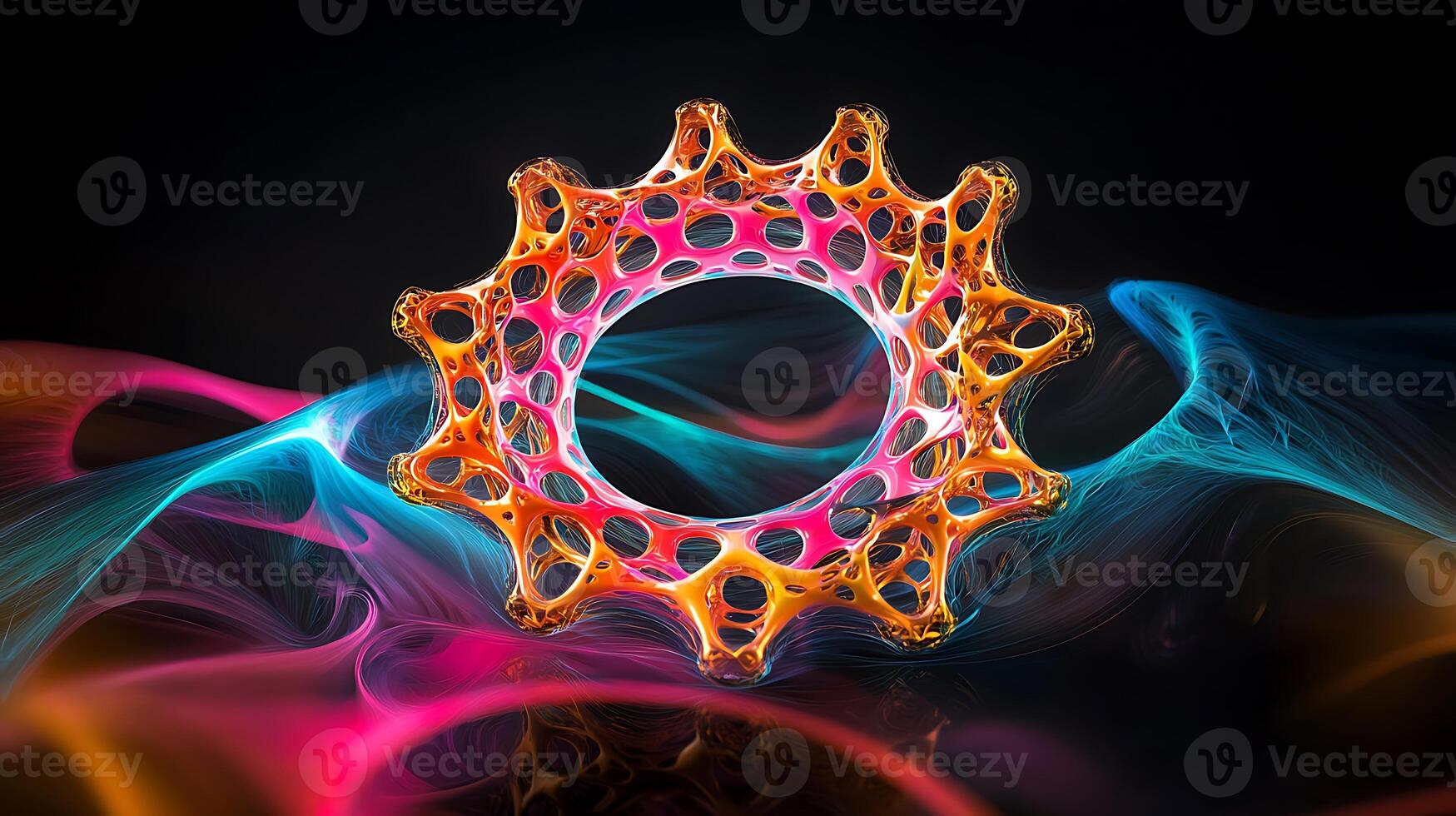 Abstract glowing gear structure amidst colorful swirling smoke in a dark background photo
