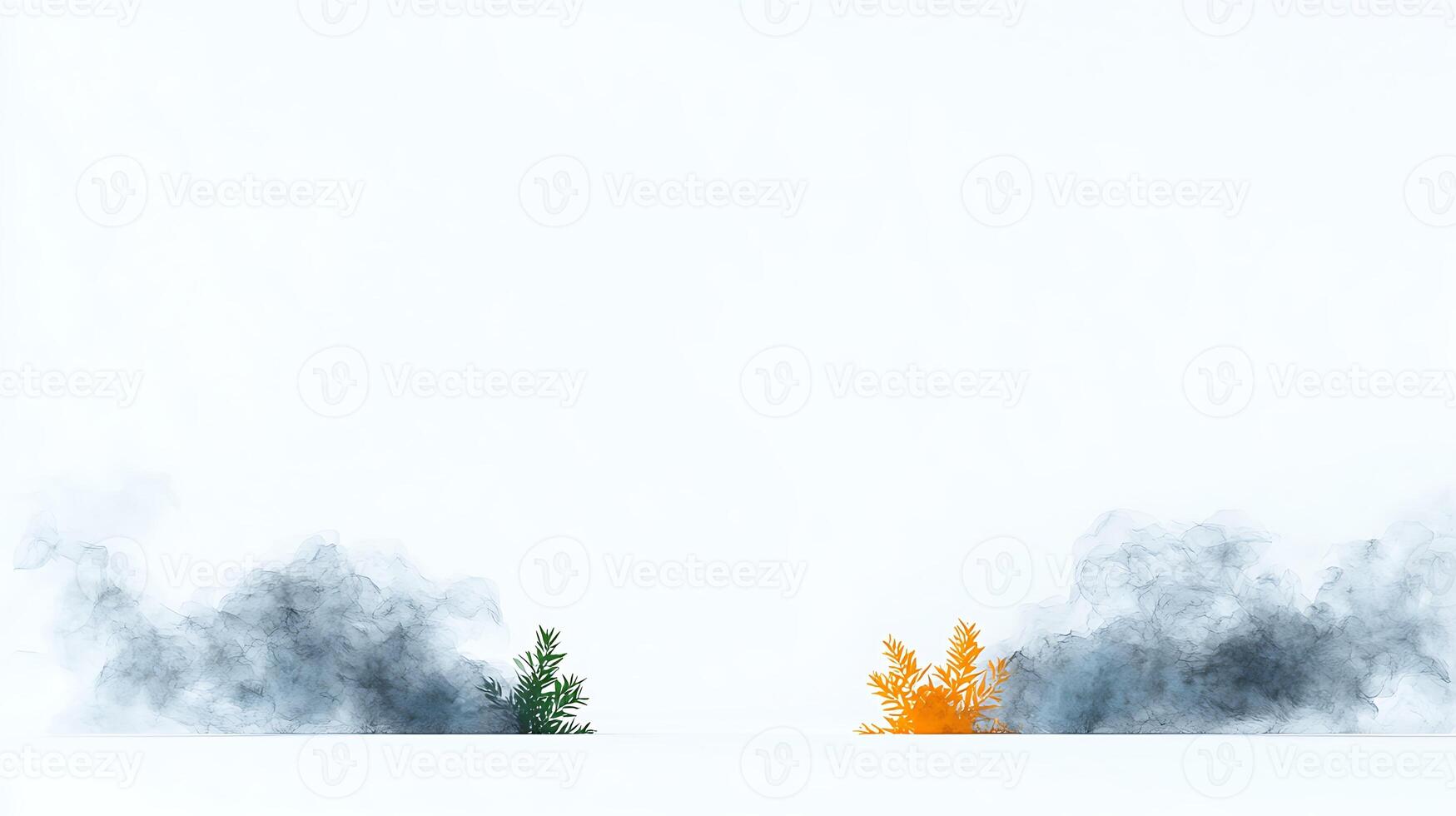 Abstract landscape with green and orange trees amidst swirling smoke against a white background photo