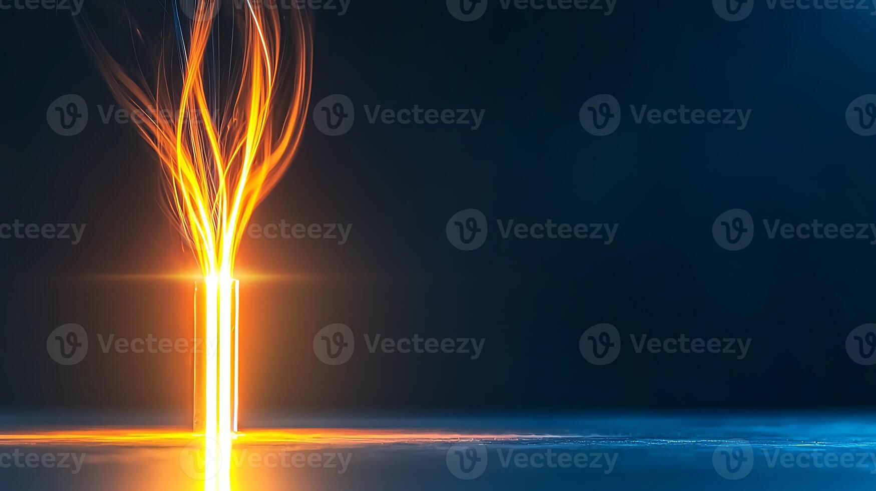 Abstract light beams emerge from a glowing source in a dark, serene environment photo