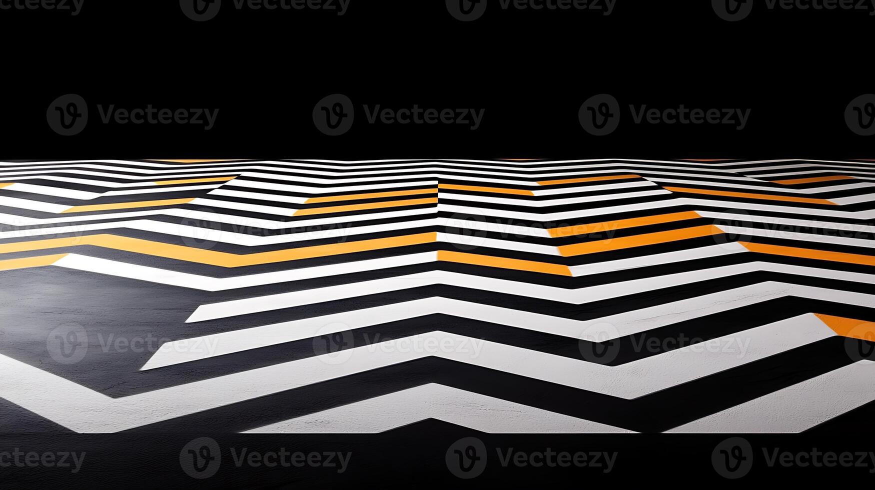 Abstract pattern of black, white, and orange zigzag lines on a floor with a dark background photo