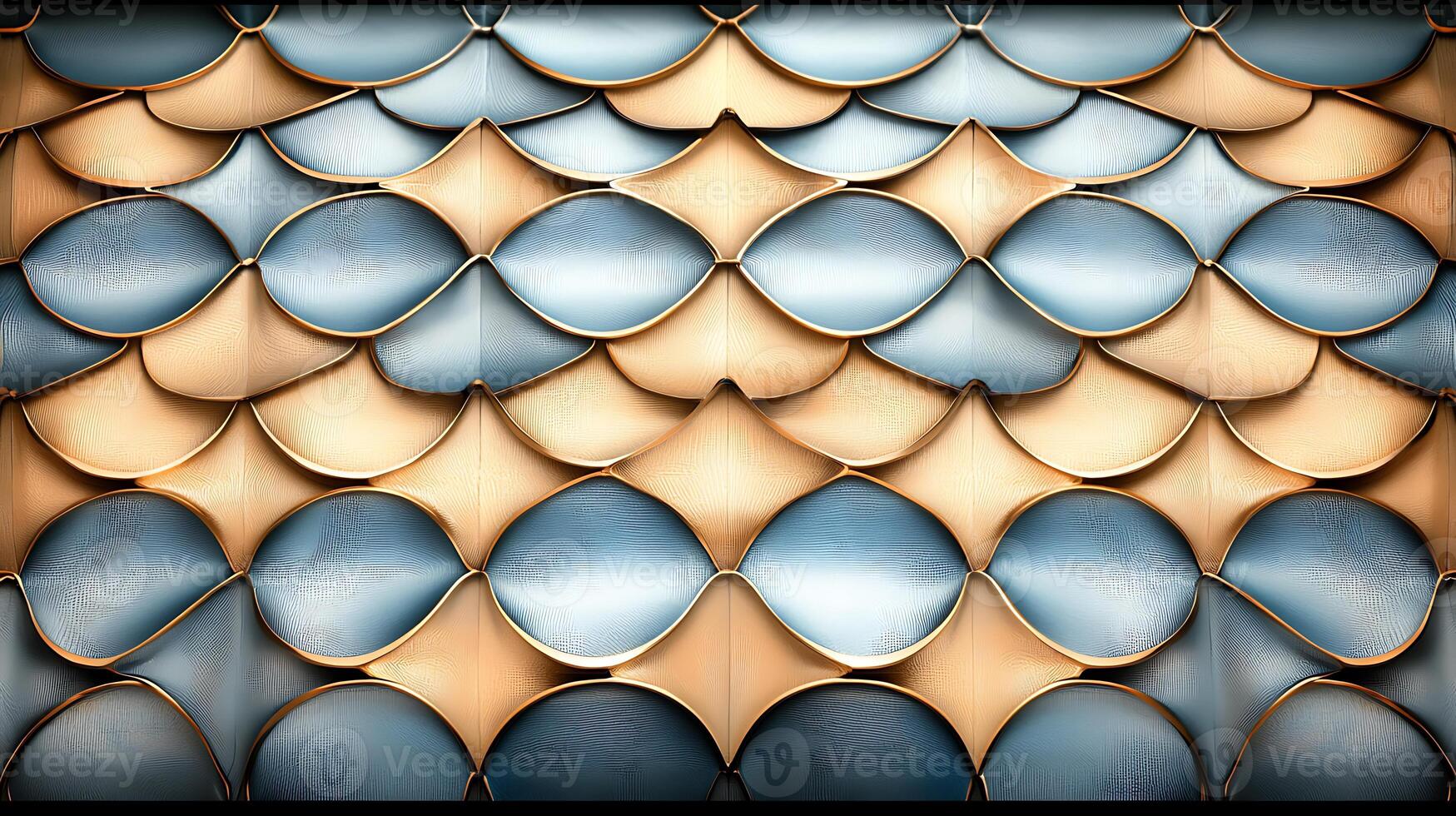 Abstract pattern of interlocking shapes in gold and blue tones, creating a textured background photo