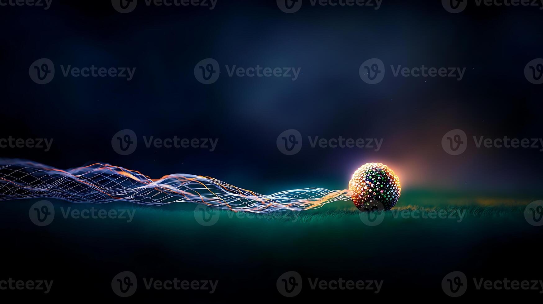 Abstract representation of a glowing sphere emitting colorful waves on a dark background photo