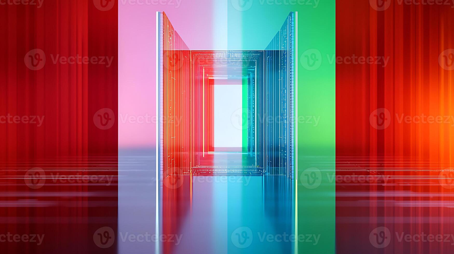 Abstract representation of colorful geometric structures reflecting light in a surreal environment photo