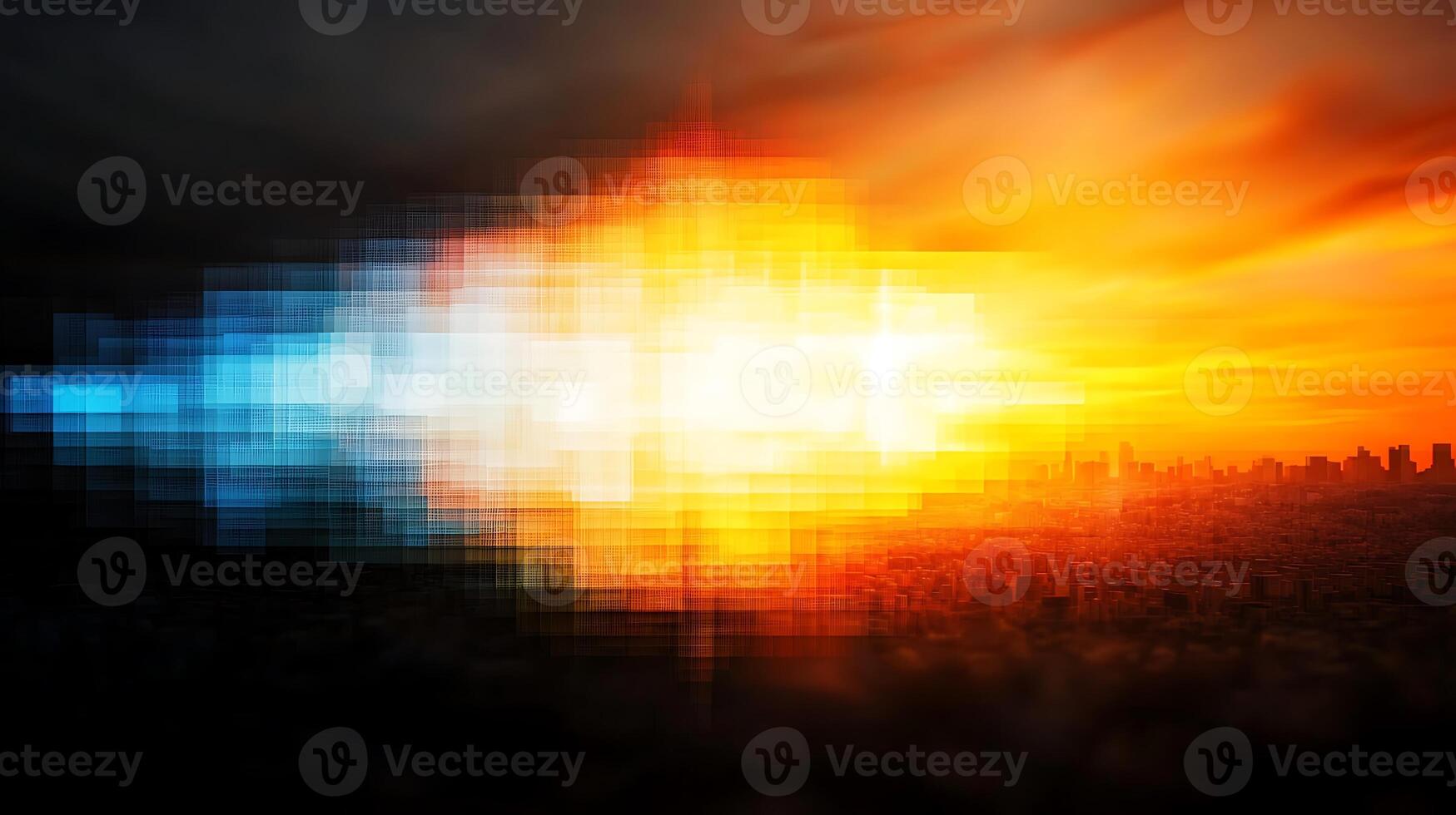 Abstract representation of a vibrant sunset over a city skyline, blending colors and shapes photo