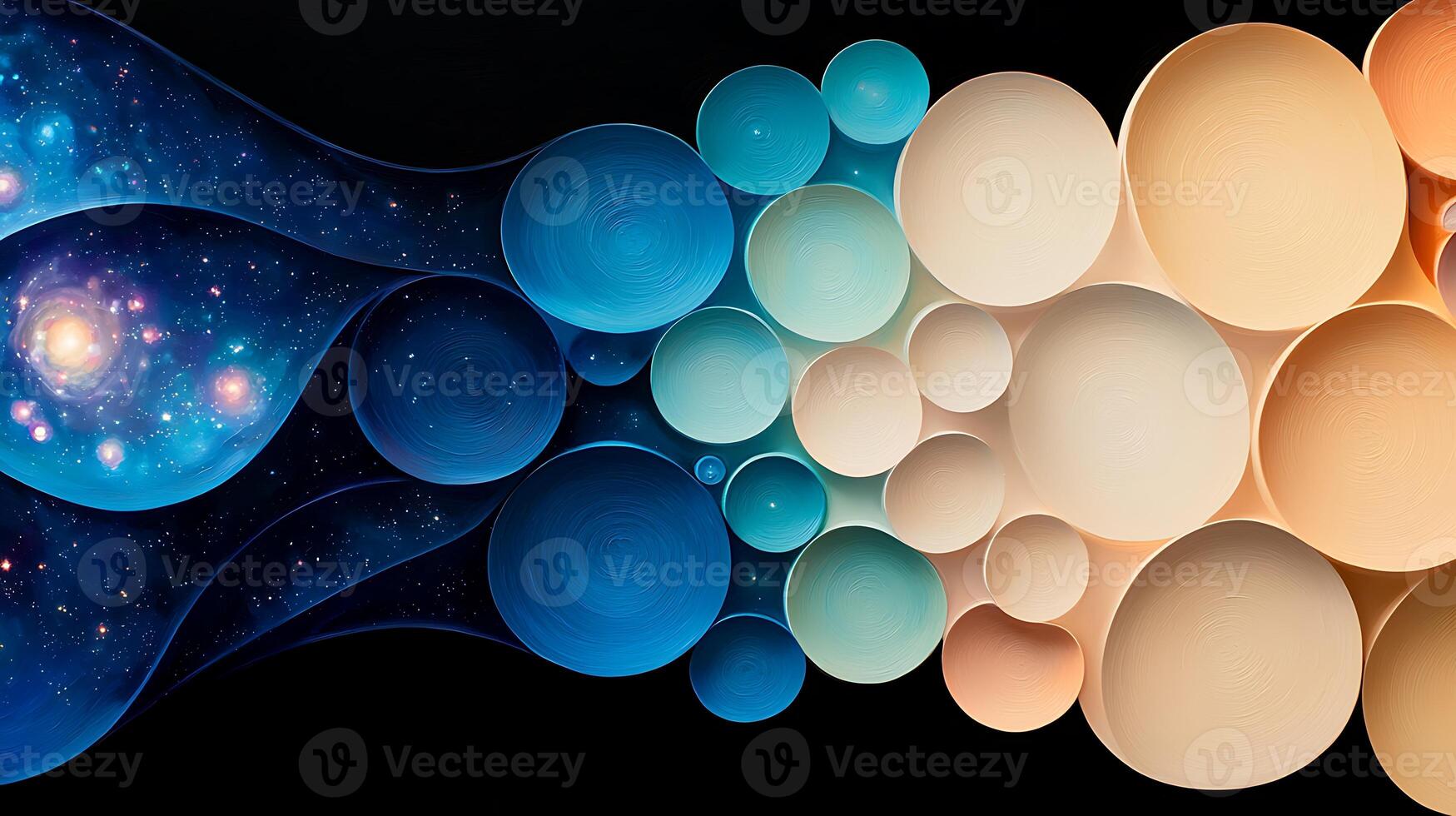 Abstract representation of cosmic elements blending with circular shapes in a dark background photo