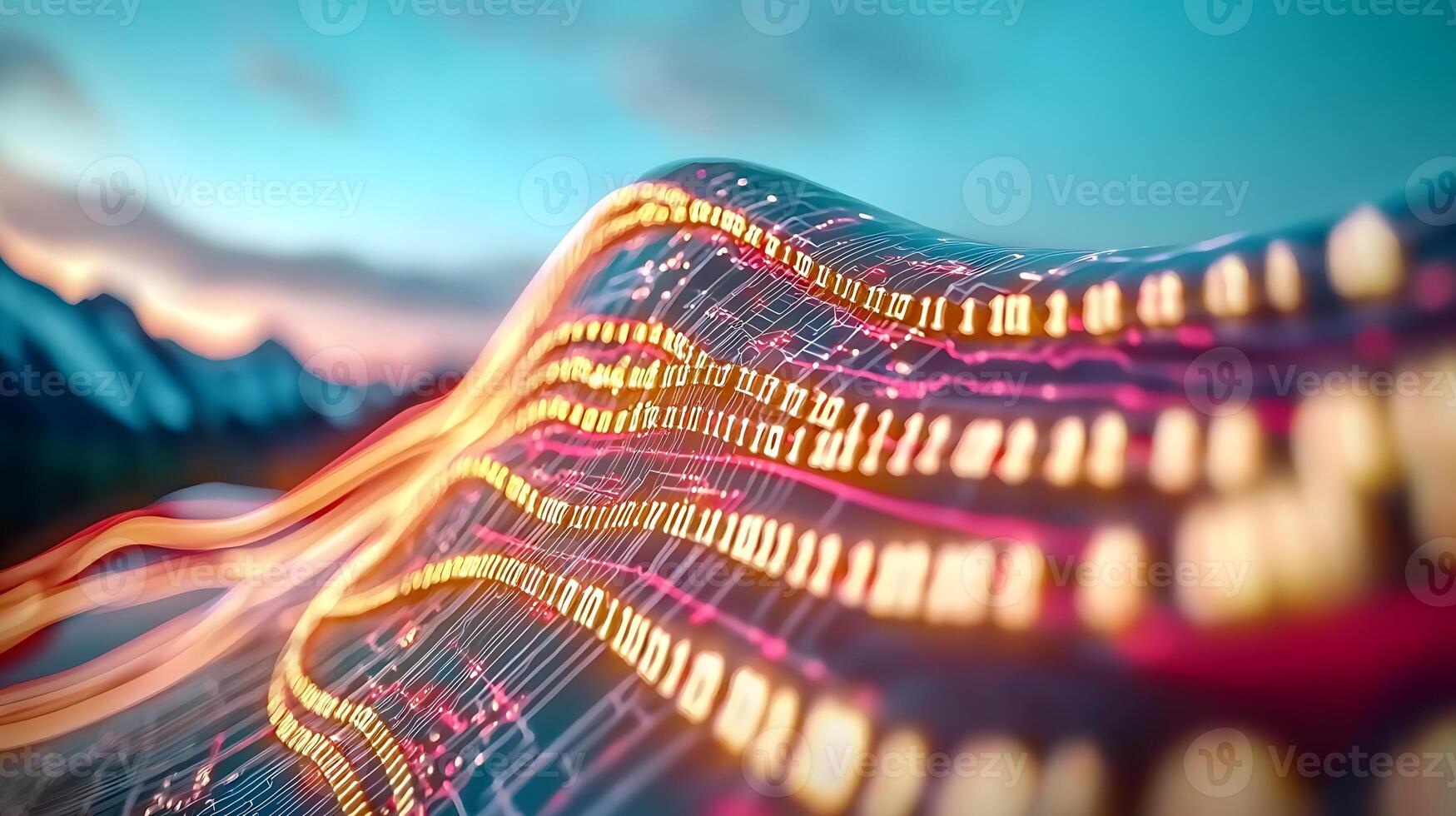 Abstract representation of digital data flow over a mountainous landscape at sunset photo