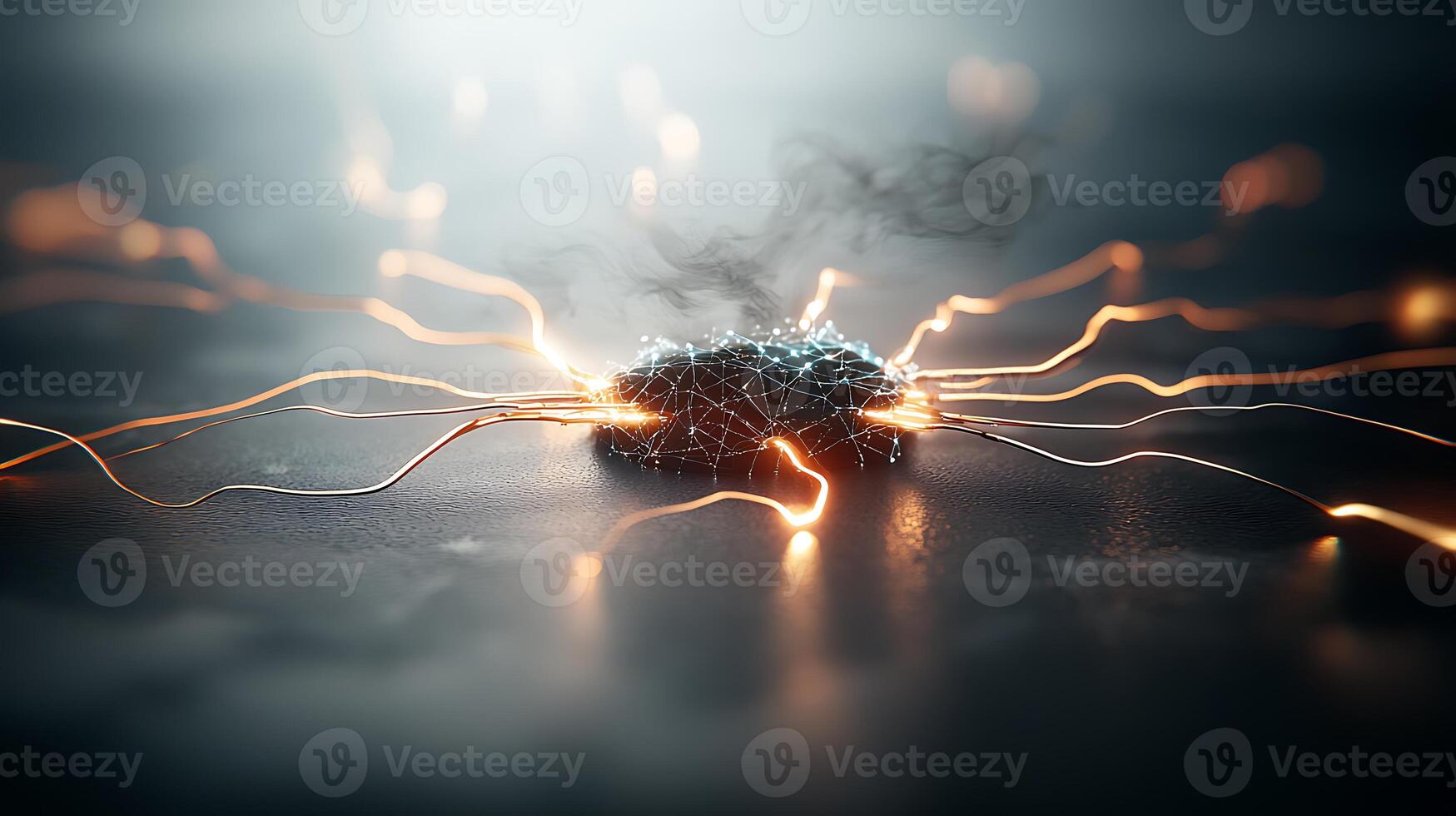 Abstract representation of energy surge with glowing wires emanating from a central point photo